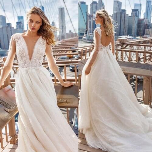 V-neck Ruched Lace Applique Pearls Tulle Wedding Gown Long Sleeves Open Back Bridal Dress vestido de noiva manga longa