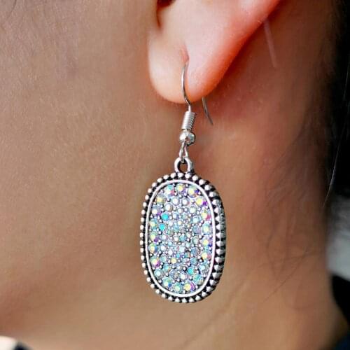 Vintage Lady Multicolor Rhinestone Inlaid Oval Dangle Hook Earrings Jewelry Gift