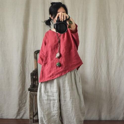 Women Loose V Neck Embroidered Thin Linen Blouse Tops Ladies Vintage Flax Tops Shirt Female 2021 Summer Blouse