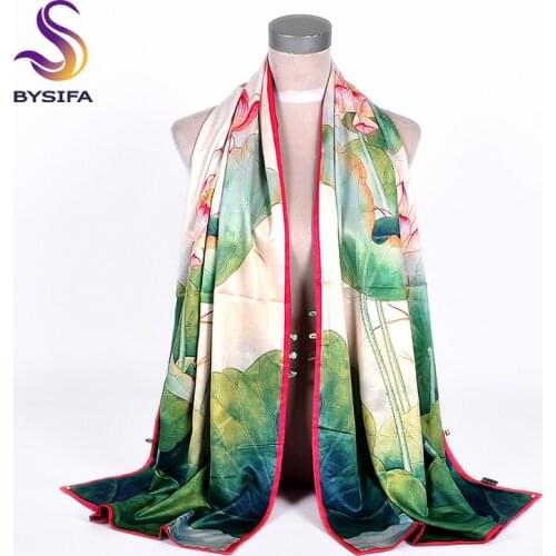 [BYSIFA] New Buttons Scarves Shawls Female Fashion Green Lotus Design Double Faces Wraps Autumn Winter Silk Neck Scarf 175*50cm
