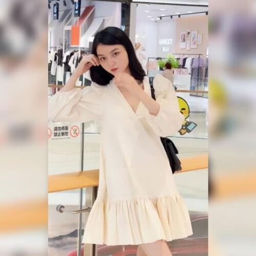 Women Dress 2021 Summer New Pure Color V-neck Puff Sleeve Loose Ruffle Ladies Dress
