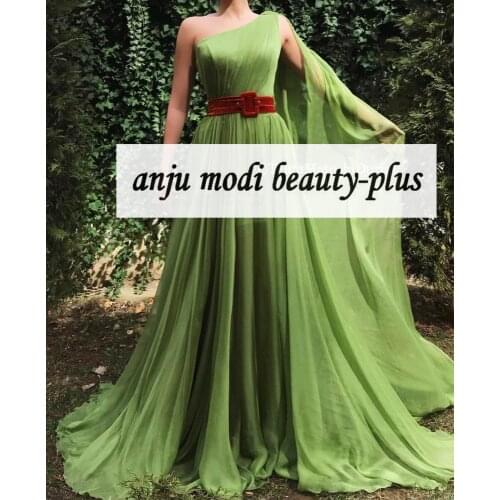 2021 Lime Long Chiffon One Shoulder Prom Dresses with Cape Sleeveless Formal Evening Party Ball Gown Robe De Soiree