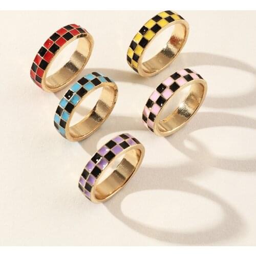 New Ins Vintage Color Checkered Ring Personality Drop Oil Geometric Checkered Rings For Women Girls Fashion Jewelry Gifts