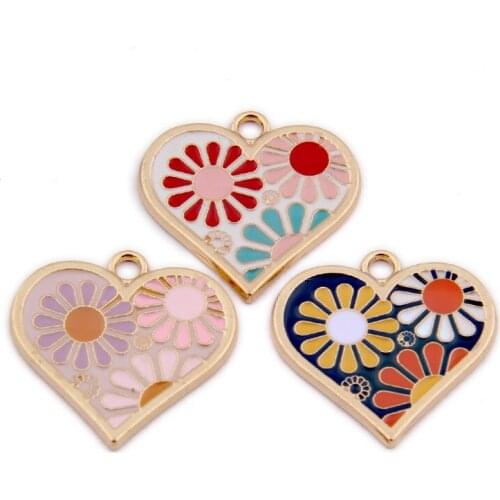 Colorful Daisy Flower Decorated Enamel Alloy Heart Charms Ornament Accessories DIY Jewelry Findings Earring Pendant 10pcs