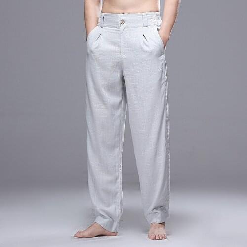 #8013 Summer Vintage Thin Cotton Linen Pants Men Straight Casual Loose Joggers Full Length Japanese Streetwear Black White Grey