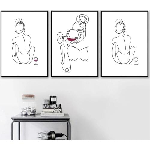 Abstract Lady Line Drawing Print Posters Wine Woman Canvas Painting Black And White Figures Wall Art Pictures Living Room Decor
