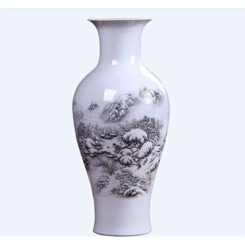 Antique Jingdezhen Ceramic Big Vase Snow Scenery fishtail vaseHome Decoration Furnishing Article