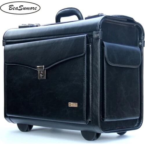 BeaSumore Multifunction captain Rolling Luggage 16 Inch Carry Ons Computer Trolley Men Women PU Leather pilot Suitcase Wheels