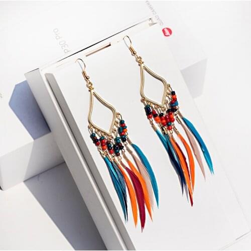 Bohemian Tassel Earrings for Women Dangle Long Earrings Feather Geometry Earrings Seed Beads Vintage Jewelry Brincos