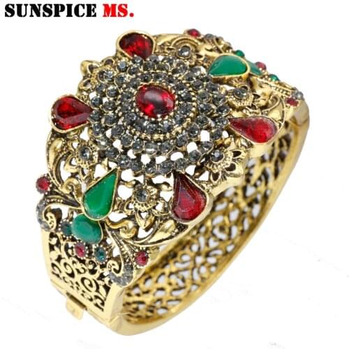 Sunspicems Vintage Algerian Bangle Cuff Bracelet for Women Antique Gold Color Crystal Wedding Jewelry Gift