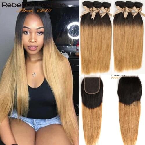 Rebecca Brazilian Bone Straight Ombre Human Hair Bundles With Closure Human Hair Weave 1b 27 Honey Blonde 3 Bundles With Closure