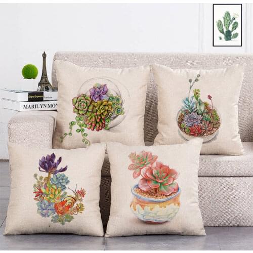 Succulent Plant Pillow Case Linen 45*45 Square Cushion Cover for Sofa Home Decorative Printed Flower Throw Pillowcase T65
