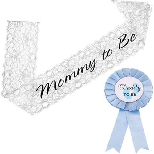 Baby Shower Mommy to be White Lace Sash and Daddy to Be Light Blue Tinplate Badge Pin Kit Gender Reveals Party Gifts - Style 1