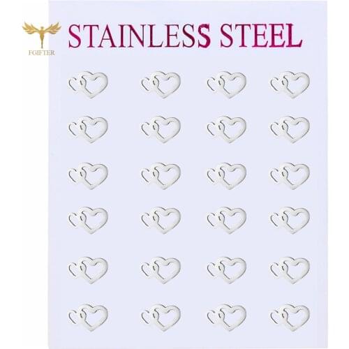 FGifter Romantic Heart-Shaped Stud Earrings Two Hearts Connected Together Ear Piercing Ring Stainless Steel Jewelry Wholesale