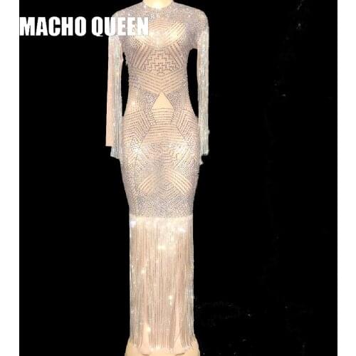 Drag Queen Costume See Througth Mesh Nude Prom Rhinestones Dress Sexy Floor Length Dress Prom Birthday Celebrate Dresses