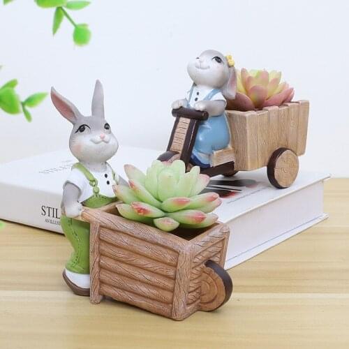 Creative Cartoon Rabbit Wheelbarrow Flower Pot Resin Miniature Figurines Succulent Potted Plants Garden Bonsai Pots Home Decor