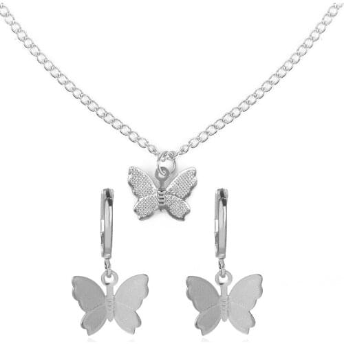 Butterfly Pendant Necklace Earrings Women Jewelry Set Romantic Butterfly Hoop Earrings Necklace For Female Charm Birthday Gift