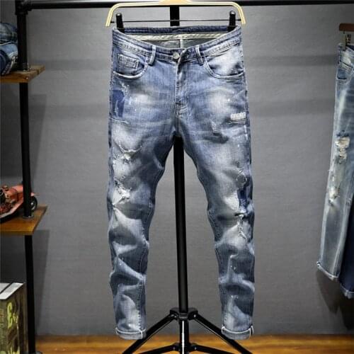 Mens Smart Casual Biker Denim Jeans Stretch Denim Pants Solid Slim Fit Jeans Male Street Skinny Pant Hip Hop Vintage Trouser,718