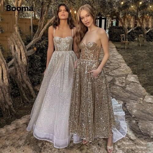 Booma Simple Silver Glitter Tulle Prom Dresses 2021 Spaghetti Straps A-Line Maxi Formal Party Dresses Long Evening Gowns