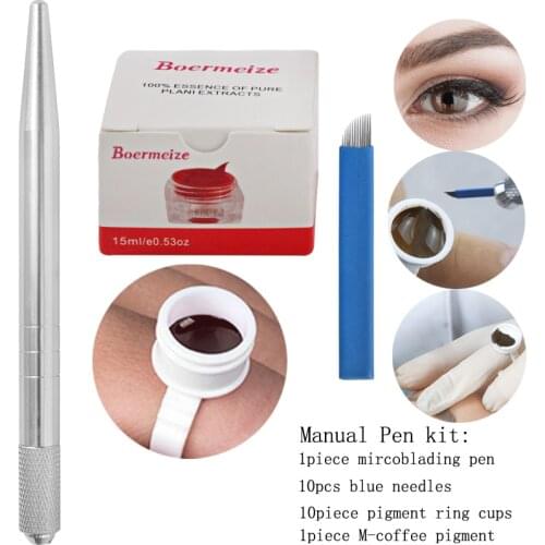 Silver Microblading Pen Tattoo Machine Permanent Makeup Eyebrow Tattoo Manual Pen +1Pcs M-coffee Tattoo Ink+10Pcs Ring Ink Cup