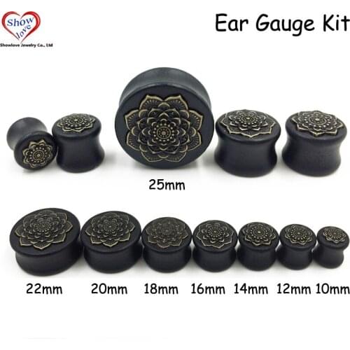 Showlove-16 pcs Wood Saddle Double Flare Ear Plugs Expander Flower Logo Gauge Kit Piercing Ear Stretchers 10-25mm