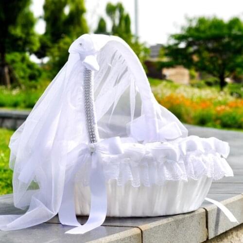 Wedding Flower Girl Basket Embellished With Tulle Lace Flower Rhinestone Pearls Ribbon Bow Decor White