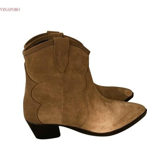 Ankle Boots for Women Autumn Winter Western Cowboy Boots Women Slip on Pointed Toe Wedge High Heel Boots Brown Black Suede Shoes Botas