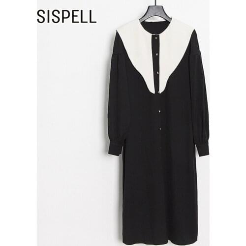 SISPELL Elegant Charming Dresses For Female Lapel Collar Long Sleeve With Belt High Waist Slimming Colorblock Womens Dress New