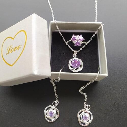 1 Set With Box Fashion Earrings Pendant Necklace Rings Size 7 Heart Purple Gift Silver Color Women Crystal Stone Jewelry Set