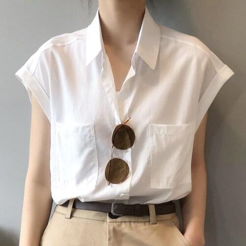 White Women Shirts Summer New Design 2021 Solid Pocket Turn-Down Collar Loose Elegant Office Lady Outwear Tops