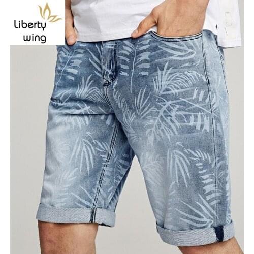 Summer New Men Denim Casual Print Straight Knee Length Pants Street Zipper Blue Short Jeans Slim Pocket Elastic Shorts