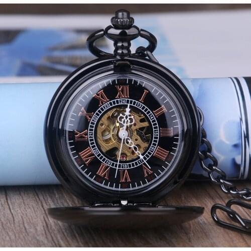 Black Men Women Pocket Watch 6 pieces Single Open Mechanical Pocket Watches Engraved Roman Numerals Hand Wind Pocketwatch