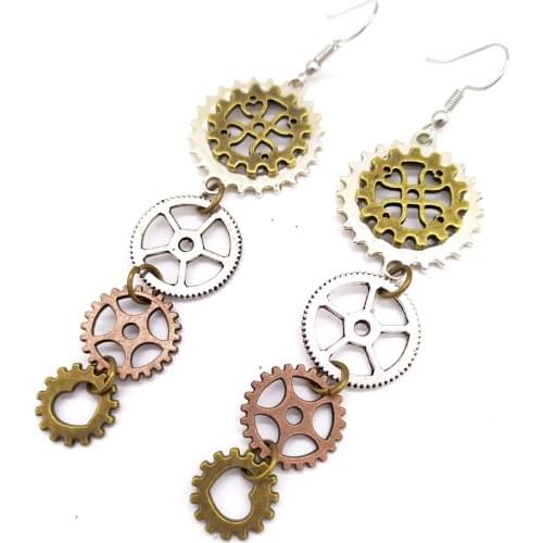 2018 Cykopv The Original Design Graduated Gears Lined Women`s Long Drop Steampunk Earring