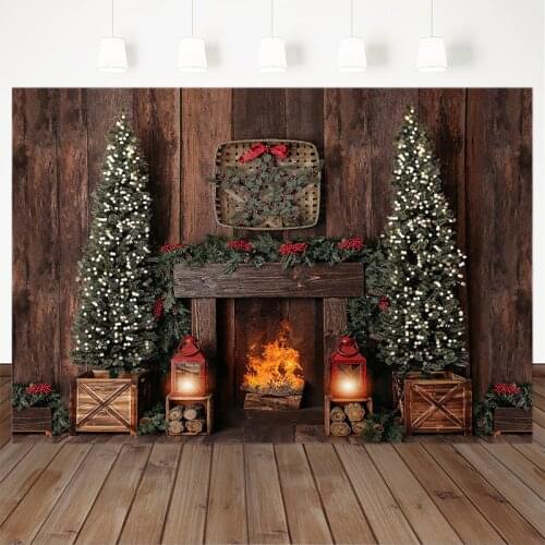 Photography Background Christmas Decoration Tree Retro Vintage Wooden Wall Fireplace Christmas Backdrops for Photo Studio