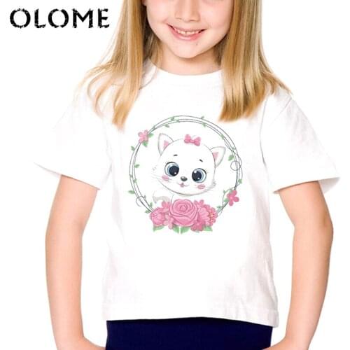 Cute Animal With Floral Wreath Print Kids T-Shirt Baby Girls T Shirt Summer Children Birthday Gift 2021