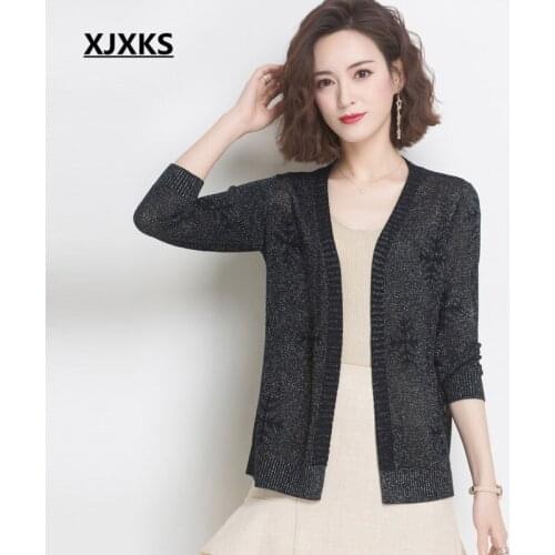 XJXKS Fashion V-neck thin sweater women cardigan 2020 spring summer new solid color all-match casual women sunscreen clothes