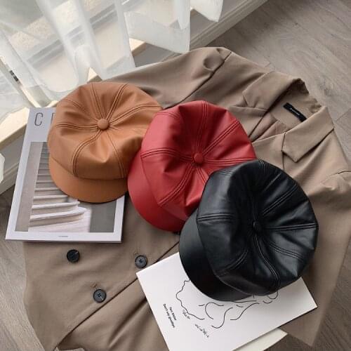 Vintage Men Women PU Leather Octagonal Beret Cap Hat Gatsby Newsboy Peaked Cabbie Hats Casquette