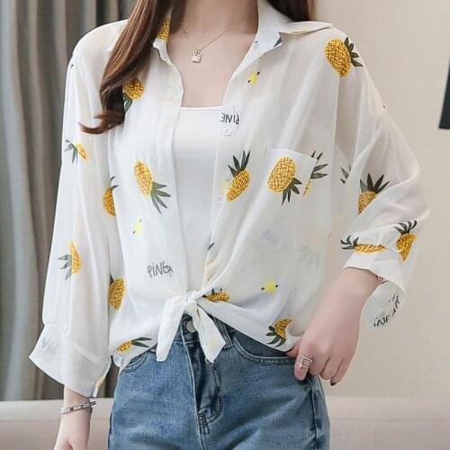 Korean Version Loose and Versatile Personality Printing Chiffon Perspective Sunscreen Shirt + Two Piece Sling