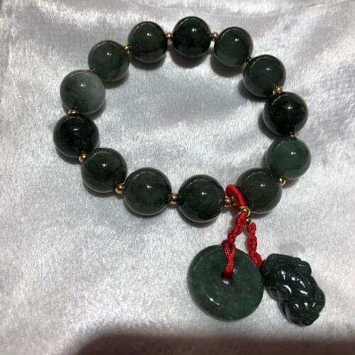 Oil Green Jade 13mm Beads With Safe Buckle and Brave Pendant Bracelet Natural Jade Bracelets For Friend Present Fashion Jewelry