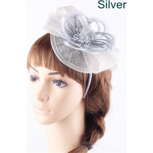 Fashion Silver Fascinator Hair Accessory Sinamay Base with Feather Flower Wedding Headpiece Cocktail and Church Hats Party Hats