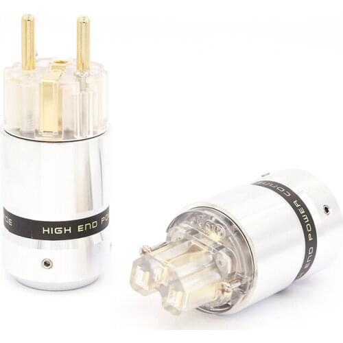 New one pair Audio Aluminum Rhodium Plated Schuko EU Male Connector+IEC Female Plug