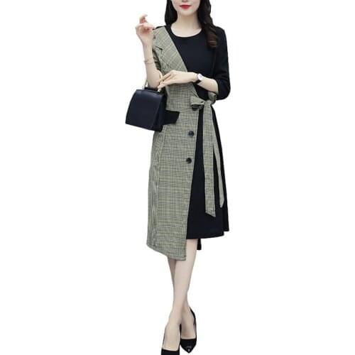 2021 New Fashion Style Women Autumn Dress Lrregular Fake Two Piece Stitching Plaid Dresses Plus size Slim Fairy vestido ok660