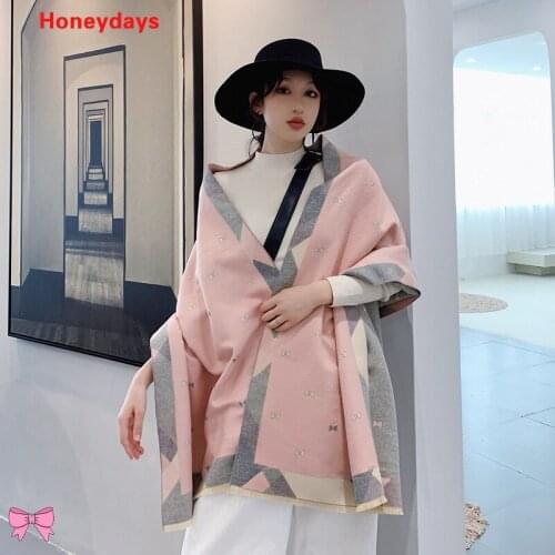 New Winter Retro Bow Printed Thicken Cashmere Scarf Outdoor Warm Pashmina Blanket Scarves Women Color Matching Long Tassel Shawl