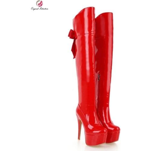 Original Intention Winter Knee Boots Woman Round Toe Thin Heels Boots Woman Bow Knot Patent Leather Sewing Shoes Woman Plus Size