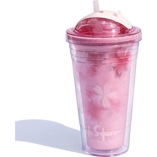 Sakura Plastic Cup with Lid Straw Water Bottle Drinking Juice Milk Coffee Mug Double Wall Insulated Tumbler BPA Free