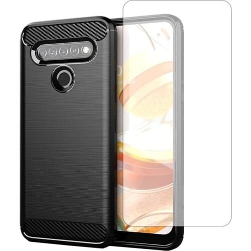 Carbon Fiber Texture Shockproof Cover Protective Slim Fit Soft TPU Case With Tempered Glass Screen Protector for LG K61/Q61