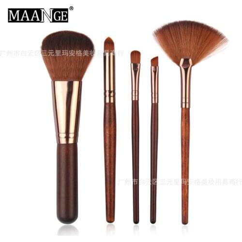 Factory Direct MAANGE 5 Wooden Handle Makeup Brush Set Foundation EyeShadow Fan Brush Gift for Women Hot Selling