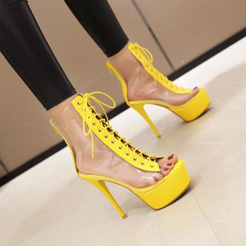Sandalias Mujer Sapatos Summer Gladiator Women PVC Pumps Sandal Boots Shoes Cross Lace Up Thick High Heels Ladies Transparent Pu