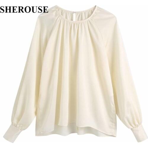SHEROUSE 2021 Women Fashion Pleated Solid Shirts O-Neck Long Sleeve Vintage Female Blouse Chic Tops