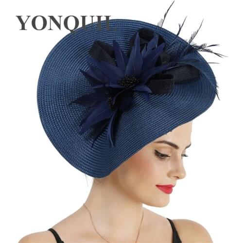 Imitation Straw New Navy Big Hat Wedding Fascinator Headwear Fancy Feather Flower Headpiece With Haipinpin Women Fashion Fedora